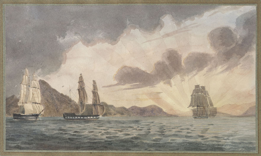 Watercolour of Sesostris and Morley piloted through the Torres Straits 
        by the little Britomart, Captn Stanley